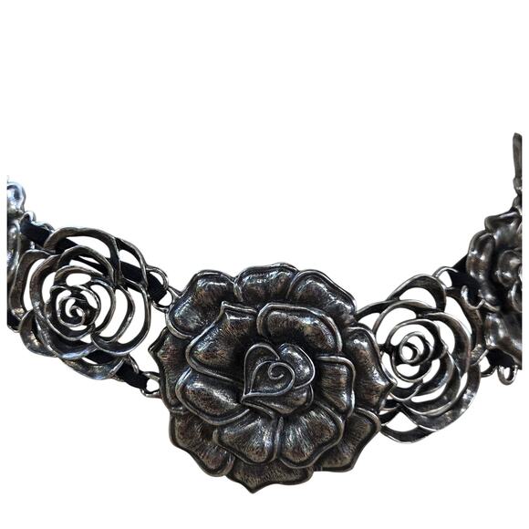 RARE Vintage Silver Rose Stretch Belt Western Floral Statement Boutique One Size main image 8